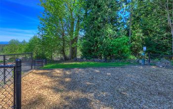 A gravel area with a fence and trees in the background.